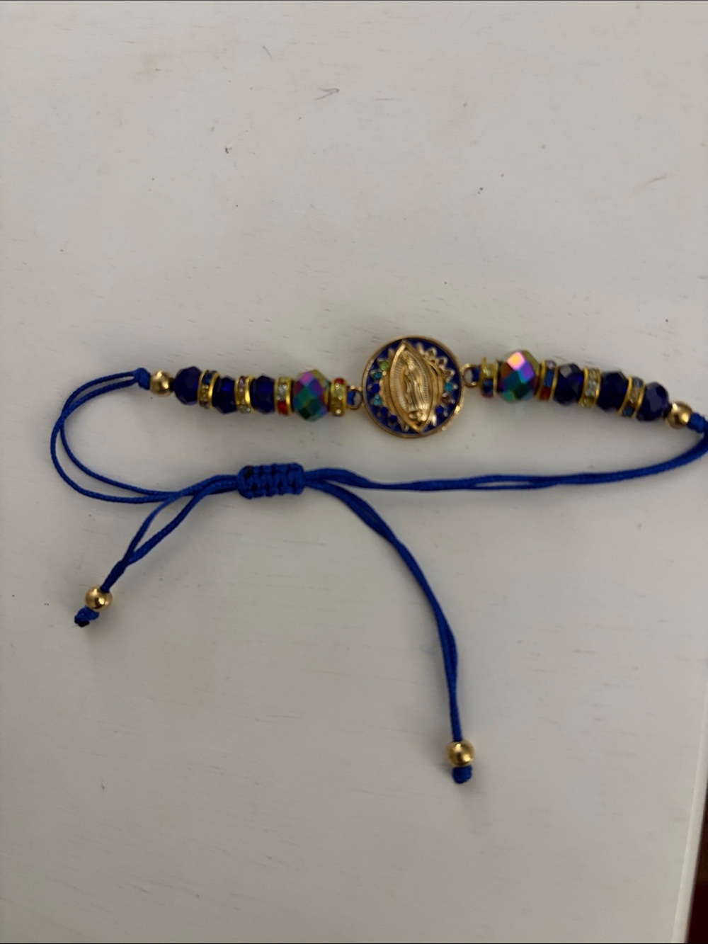 Blue and Gold Adjustable Rosary Charm Bracelet